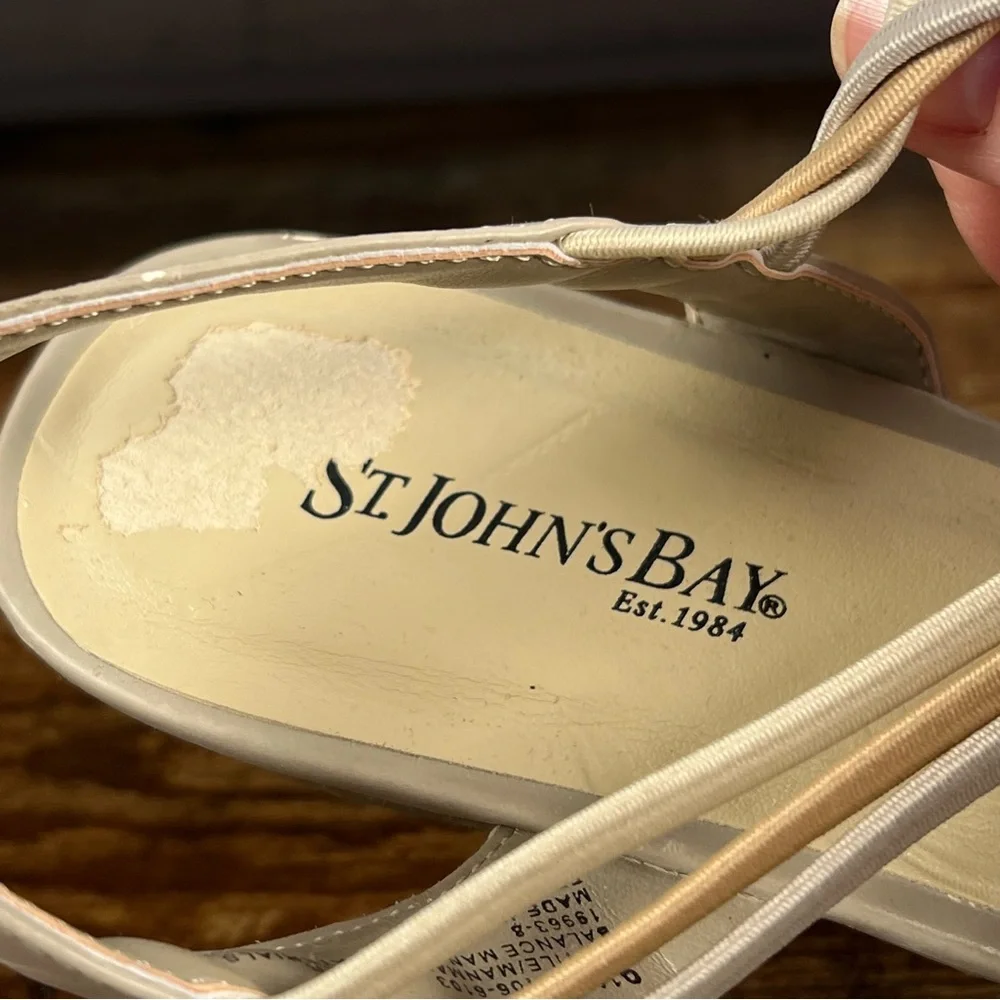 St Johns Bay Sandals Stretchy Straps Beige Wedge Heel‎ Open Toe Sling Back 9.5